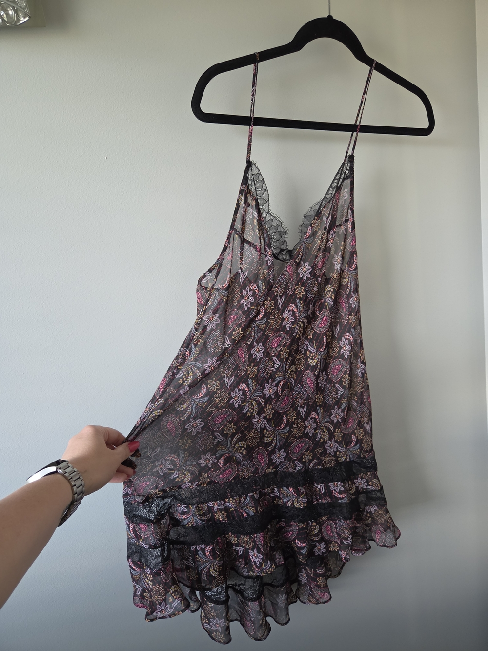 Victoria's Secret Black Sheer Paisley Lace Trim Chemise with Pink Accents